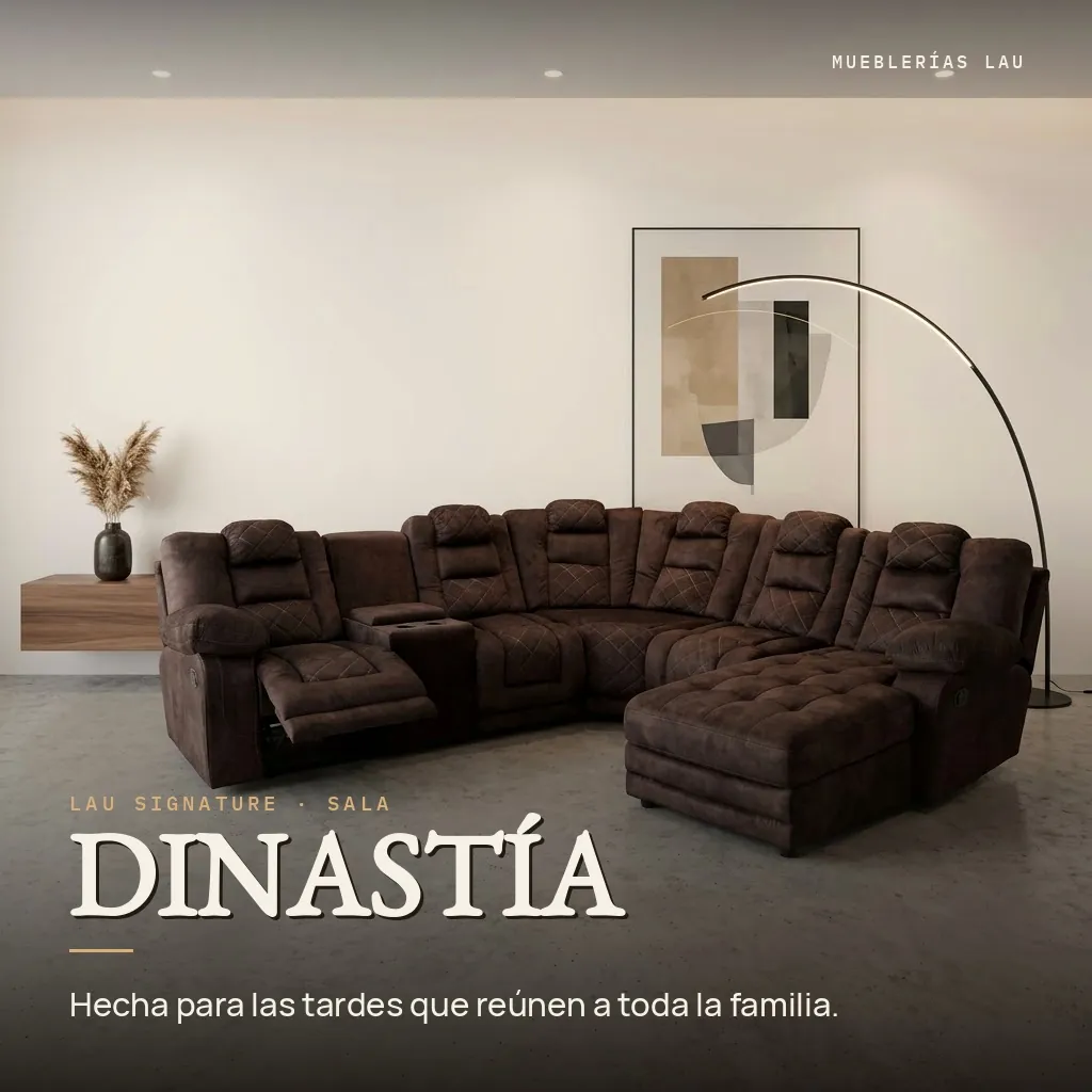 Sala Dinastía, LAU Signature: Sala seccional reclinable con chaise longue y consola con portavasos, con espacio real para toda la familia junta.