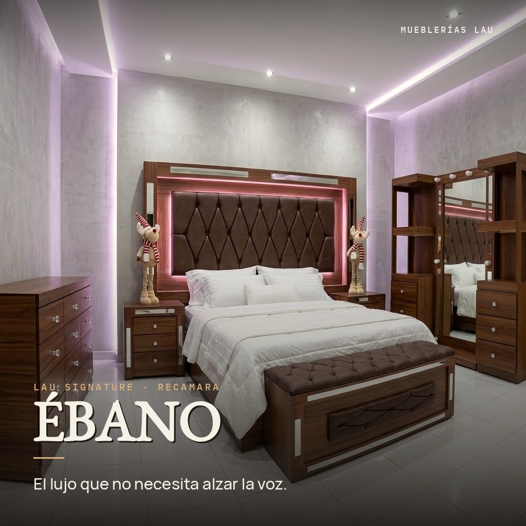 Recámara Ébano, LAU Signature: madera oscura con cabecera tapizada acolchada y luz ambiental. El lujo que no necesita alzar la voz.