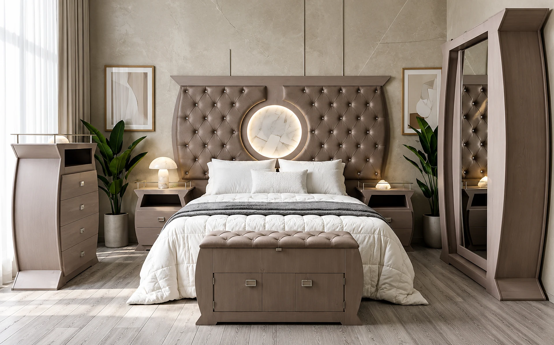 Recámara Luna montada en una habitación luminosa, con acabados premium de Mueblería LAU