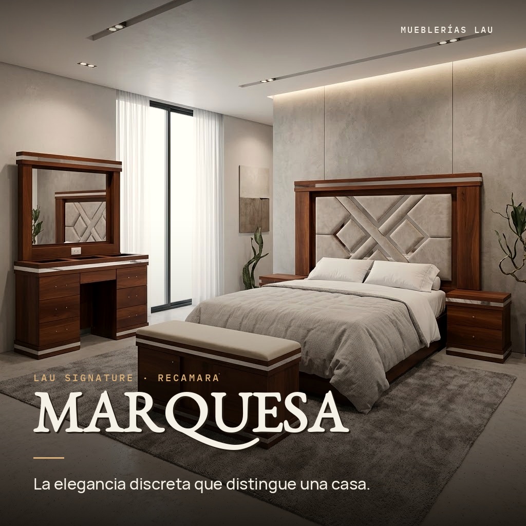 Recámara Marquesa, LAU Signature: cabecera con textura geométrica en X y detalles en mármol. La elegancia discreta que distingue una casa.