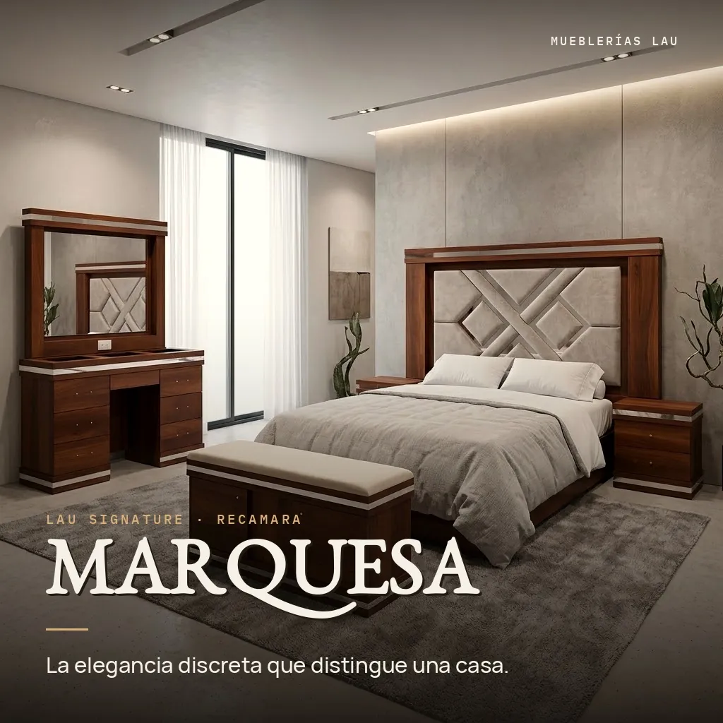 Recámara Marquesa, LAU Signature: Cabecera tapizada con diseño geométrico en X y cintas de espejo, con tocador, espejo, banca, cajonera, clóset y 2 burós. El tipo de pieza que distingue una casa sin gritarlo.