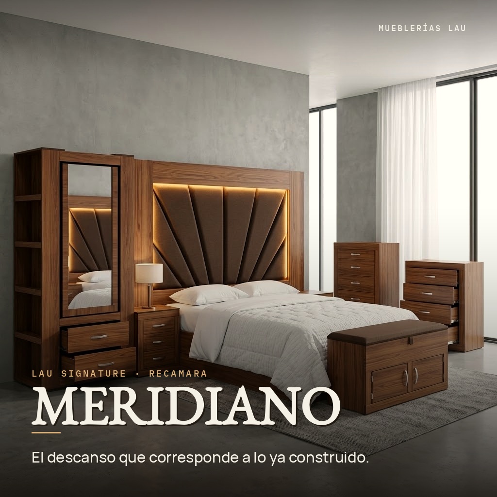 Recámara Meridiano, LAU Signature: cabecera tipo abanico con luz LED integrada y clóset con espejo. El descanso que corresponde a lo ya construido.