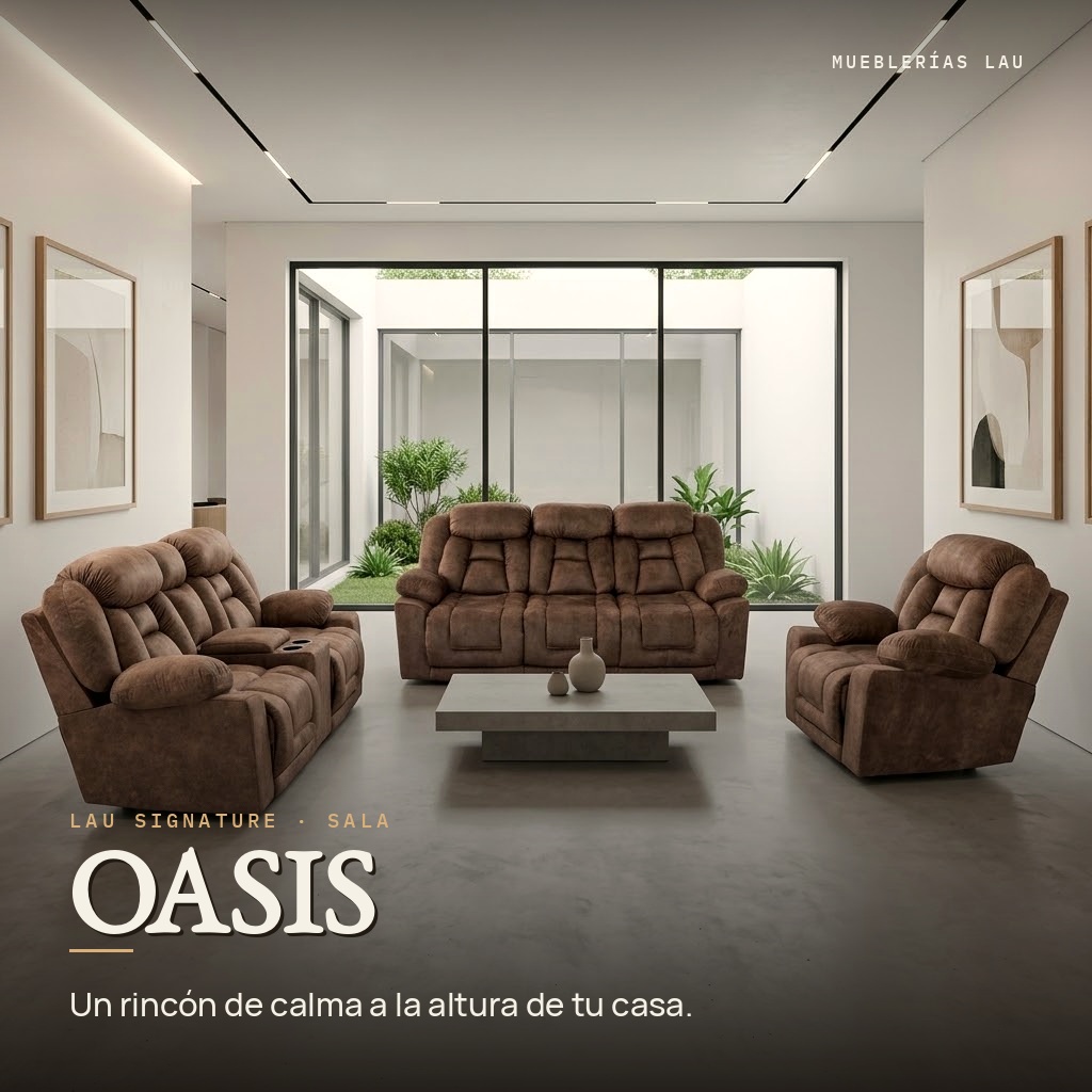 Sala Oasis, LAU Signature: sillones reclinables en gamuza premium con consola y portavasos. Un rincón de calma a la altura de tu casa.