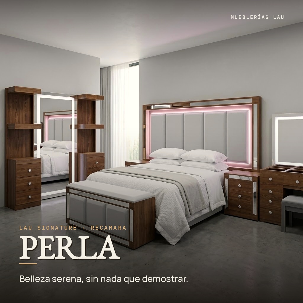 Recámara Perla, LAU Signature: tocador con espejo táctil y luces LED integradas. Belleza serena, sin nada que demostrar.