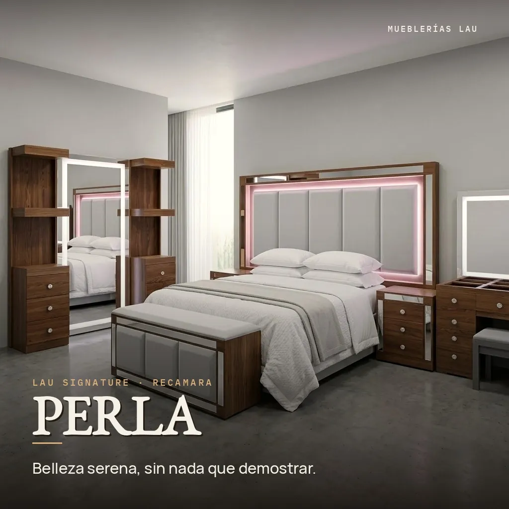 Recámara Perla, LAU Signature: Tocador con espejo táctil y luces LED, cabecera tapizada con luz, 2 burós, cajonera, baúl de pie de cama, banco y espejo LED de cuerpo completo con 2 torres laterales. Estructura sólida y acabados que no se despintan.